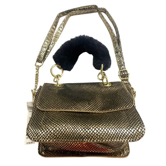 Gold Snake Print Faux Leather Shoulder Bag With Chain Strap & Faux Fur Handle - Picture 1 of 6